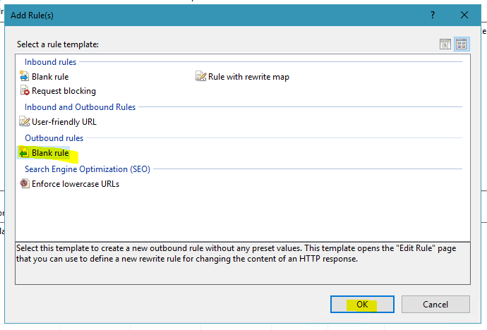 Selecting Outbound rule within IIS